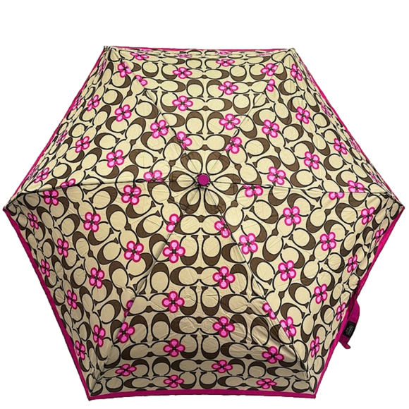 Coach Accessories - Coach Tan and Pink Signature Flower Compact Mini Umbrella
